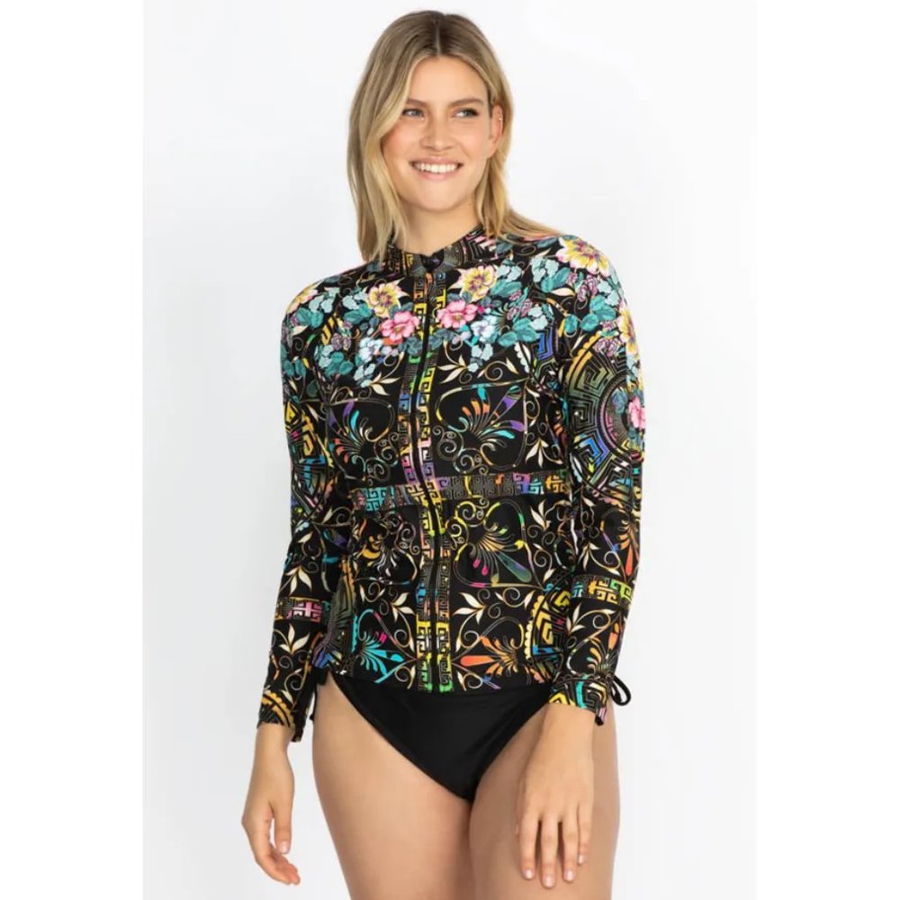 Johnny Was Joy Surf Shirt Swim Wear Floral Rash Guard Black Plus Top 1X NEW